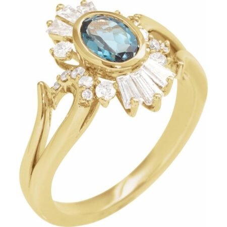 14k Yellow Natural London Blue Topaz & 1/2 Ctw Natural Diamond Halo-style Ring