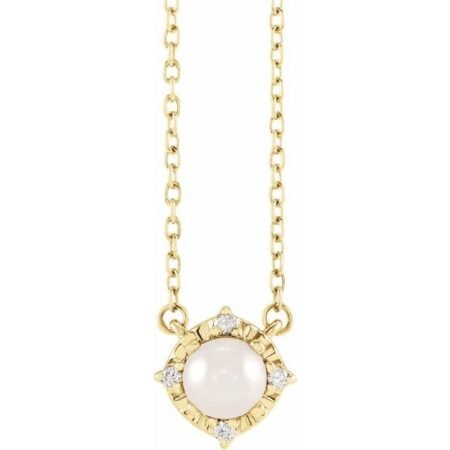 14k Yellow Cultured White Freshwater Pearl & .04 Ctw Natural Diamond Halo-style 18' Necklace