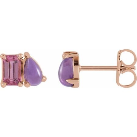 14k Rose Natural Pink Tourmaline & Natural Amethyst Two-stone Stud Earrings