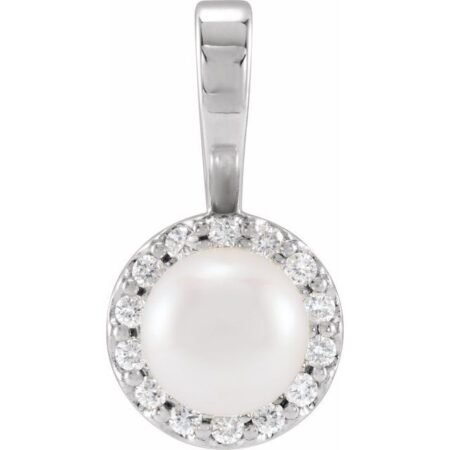 Sterling Silver Cultured White Akoya Pearl  & 1/8 Ctw Natural Diamond Pendant