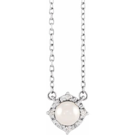 14k White Cultured White Freshwater Pearl & .04 Ctw Natural Diamond Halo-style 18' Necklace