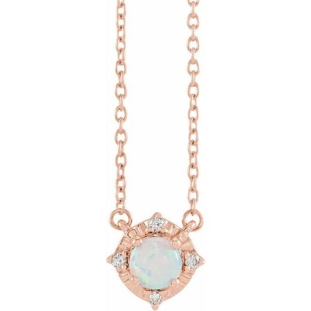 14k Rose Lab-grown White Opal & .04 Ctw Natural Diamond Halo-style 18' Necklace