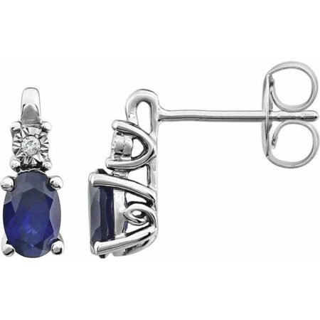 14k White Lab-grown Blue Sapphire & .02 Ctw Natural Diamond Earrings
