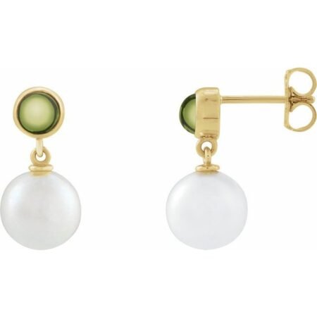 14k Yellow Cultured White Freshwater Pearl & Natural Peridot Cabochon Earrings
