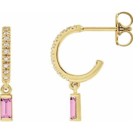 14k Yellow Natural Pink Sapphire & .08 Ctw Natural Diamond French-set Hoop Earrings