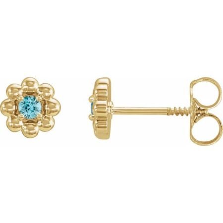 14k Yellow Natural Blue Zircon Petite Flower Beaded Earrings