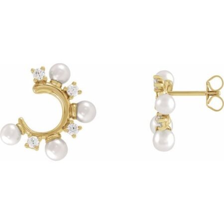 14k Yellow Cultured White Freshwater Pearl & 1/3 Ctw Natural Diamond Hoop Earrings
