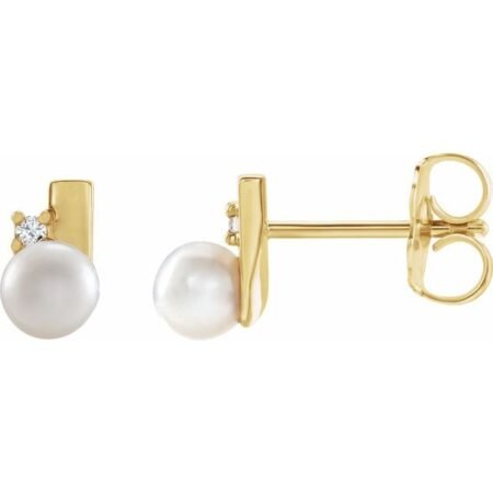 14k Yellow Cultured White Akoya Pearl & .03 Ctw Natural Diamond Geometric Earrings