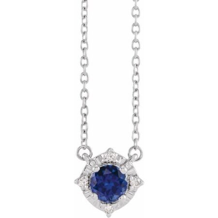 14k White Lab-grown Blue Sapphire & .04 Ctw Natural Diamond Halo-style 18' Necklace