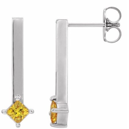 14k White Natural Yellow Sapphire Bar Drop Earrings