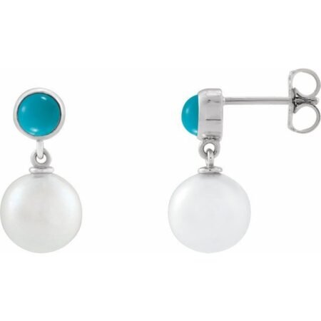 Sterling Silver Cultured White Freshwater Pearl & Natural Turquoise Cabochon Earrings