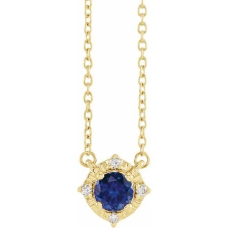 14k Yellow Lab-grown Blue Sapphire & .04 Ctw Natural Diamond Halo-style 18' Necklace