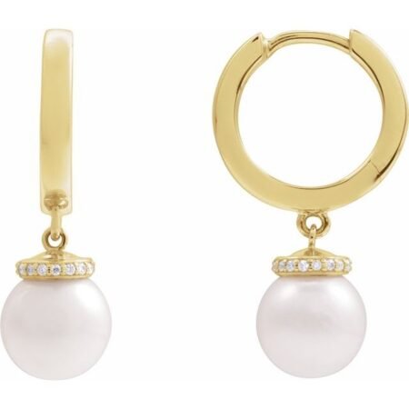 14k Yellow Cultured White Akoya Pearl & .07 Ctw Natural Diamond Hinged 14.2 Mm Hoop Earrings
