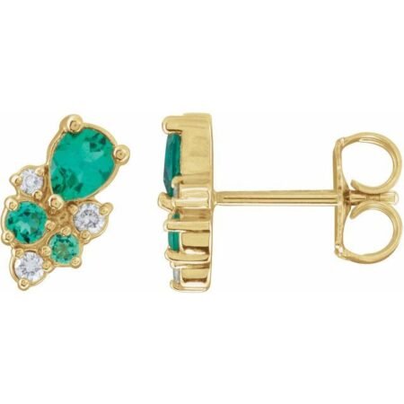 14k Yellow Lab-grown Emerald & .07 Ctw Lab-grown Diamond Cluster Earrings