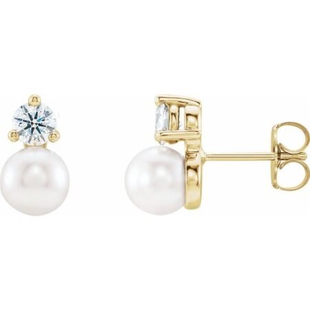 14k Yellow Cultured White Freshwater Pearl & 1/8 Ctw Natural Diamond Earrings