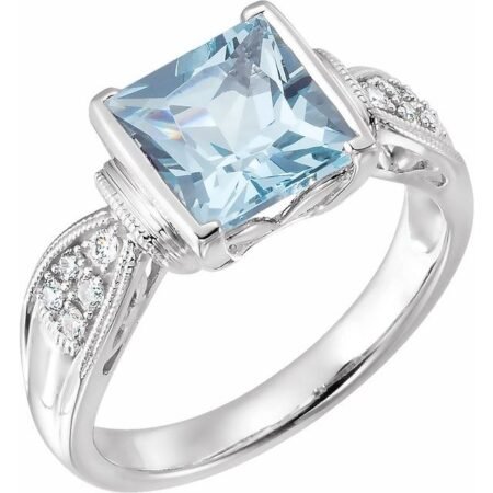 14k White Natural Aquamarine & 1/8 Ctw Natural Diamond Ring
