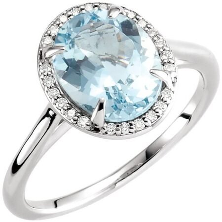 14k White 10x8 Mm Natural Aquamarine & .06 Ctw Natural Diamond Ring