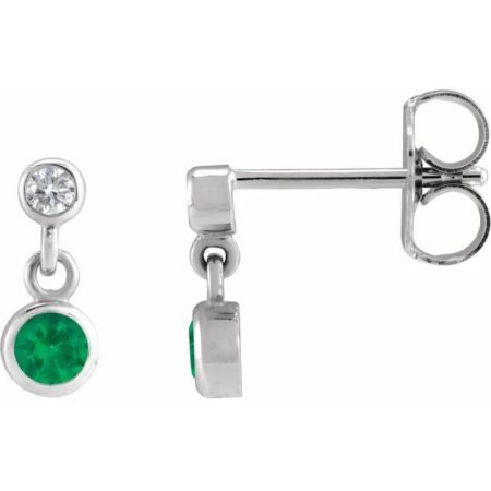 14k White Natural Emerald & .05 Ctw Natural Diamond Two-stone Earrings
