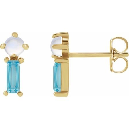 14k Yellow Natural Rainbow Moonstone & Natural Swiss Blue Topaz Earrings