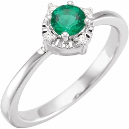 Sterling Silver Lab-grown Emerald & .04 Ctw Natural Diamond Halo-style Ring