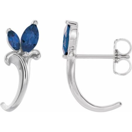 14k White Natural Blue Sapphire Floral J-hoop Earrings