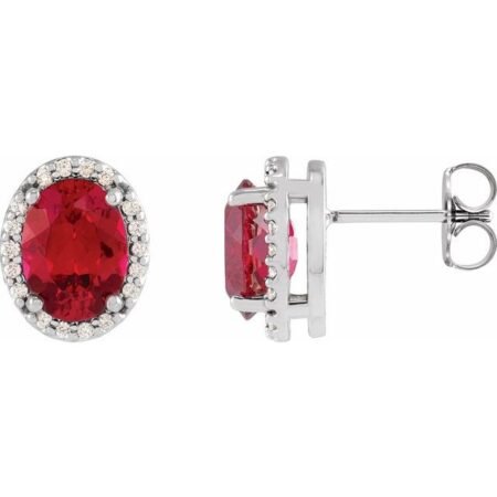 14k White 5x3 Mm Lab-grown Ruby & .04 Ctw Natural Diamond Halo-style Earrings