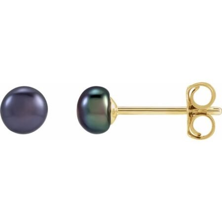14k Yellow 3.5-4 Mm Cultured Black Freshwater Button Pearl Earrings