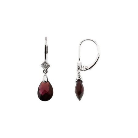 14k White Briolette Natural Brazilian Garnet & .025 Ctw Natural Diamond Earrings