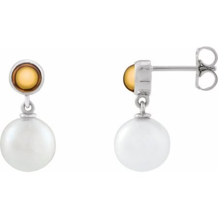 14k White Cultured White Freshwater Pearl & Natural Citrine Cabochon Earrings