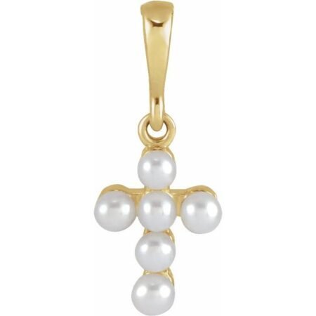 14k Yellow Cultured White Seed Pearl Youth Cross Pendant