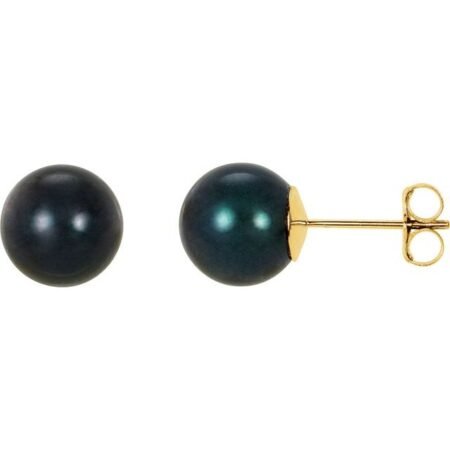 14k Yellow 8 Mm Cultured Black Akoya Pearl Earrings