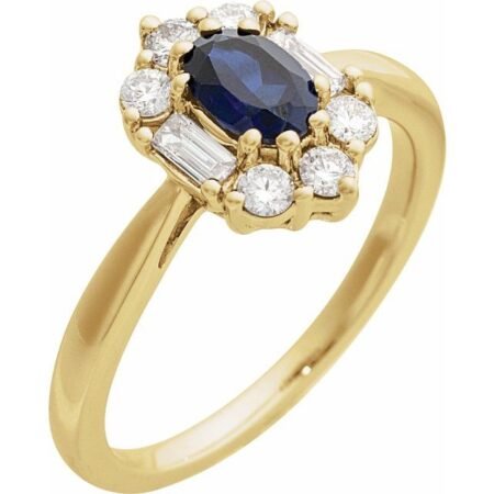 14k Yellow Lab-grown Blue Sapphire & 3/8 Ctw Natural Diamond Ring