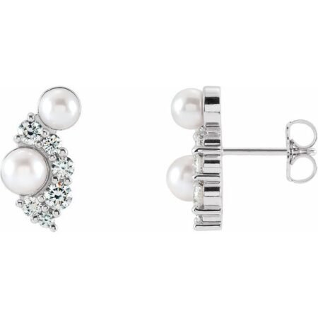 14k White Cultured White Akoya Pearls & 1/2 Ctw Natural Diamond Earrings