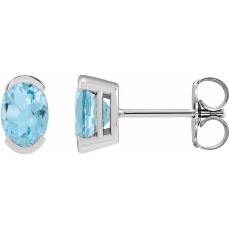 14k White 6x4 Mm Natural Sky Blue Topaz Stud Earrings