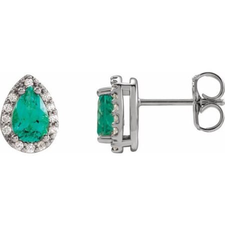 14k White Lab-grown Emerald & .05 Ctw Natural Diamond Halo-style Earrings