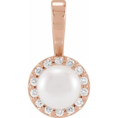 14k Rose Cultured White Akoya Pearl  & 1/10 Ctw Natural Diamond Pendant