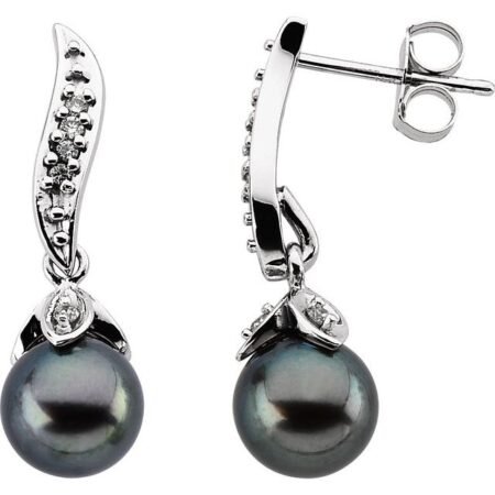 14k White Cultured Black Akoya Pearl & 1/10 Ctw Natural Diamond Earrings