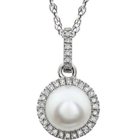 14k White Cultured White Freshwater Pearl & 1/10 Ctw Natural Diamond 18' Necklace