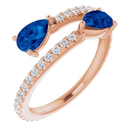 14k Rose Lab-grown Blue Sapphire & 1/3 Ctw Natural Diamond Ring