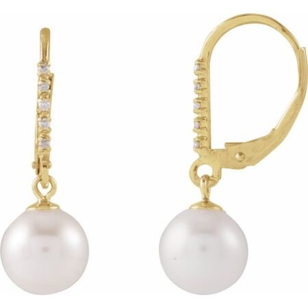 14k Yellow Cultured White Freshwater Pearl & .05 Ctw Natural Diamond Lever Back Earrings
