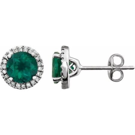 14k White Lab-grown Emerald & 1/8 Ctw Natural Diamond Earrings