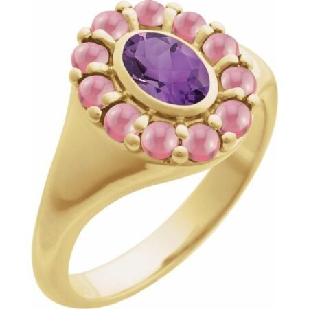 14k Yellow Natural Amethyst & Natural Rhodolite Garnet Halo-style Ring