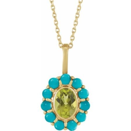 14k Yellow Natural Peridot & Natural Turquoise Halo-style 16-18' Necklace