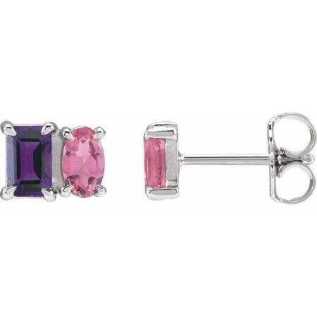 14k White Natural Amethyst & Natural Pink Tourmaline Two-stone Stud Earrings