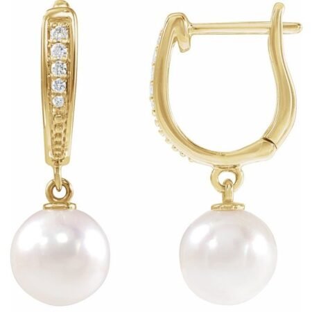 14k Yellow Cultured White Akoya Pearl & .03 Ctw Natural Diamond Earrings