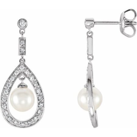 14k White Cultured White Freshwater Pearl & 1/4 Ctw Natural Diamond Earrings