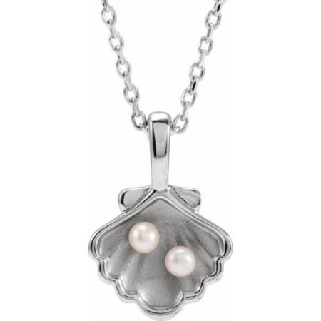 14k White 2-stone Cultured White Seed Pearl Family Shell 16-18' Necklace