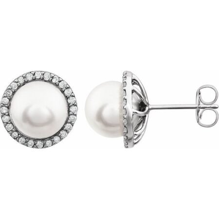14k White Cultured White Freshwater Pearl  & 1/4 Ctw Natural Diamond Earrings