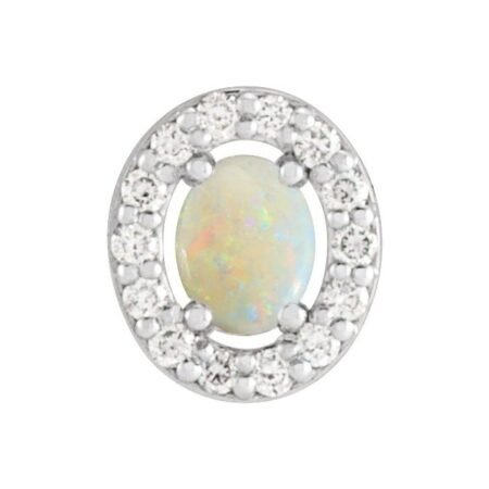 14k White Natural White Opal & .05 Ctw Natural Diamond Halo-style Pendant