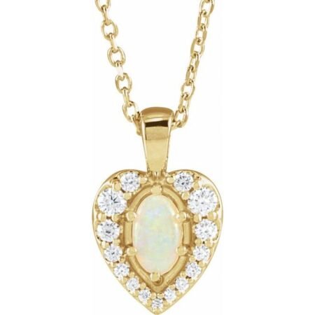 14k Yellow Natural White Opal Cabochon  & 1/8 Ctw Natural Diamond 16-18' Necklace